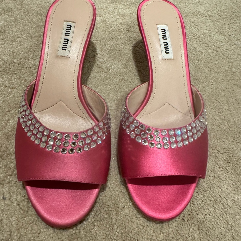Miu Miu Fuchsia Satin Crystal Embellished Mules